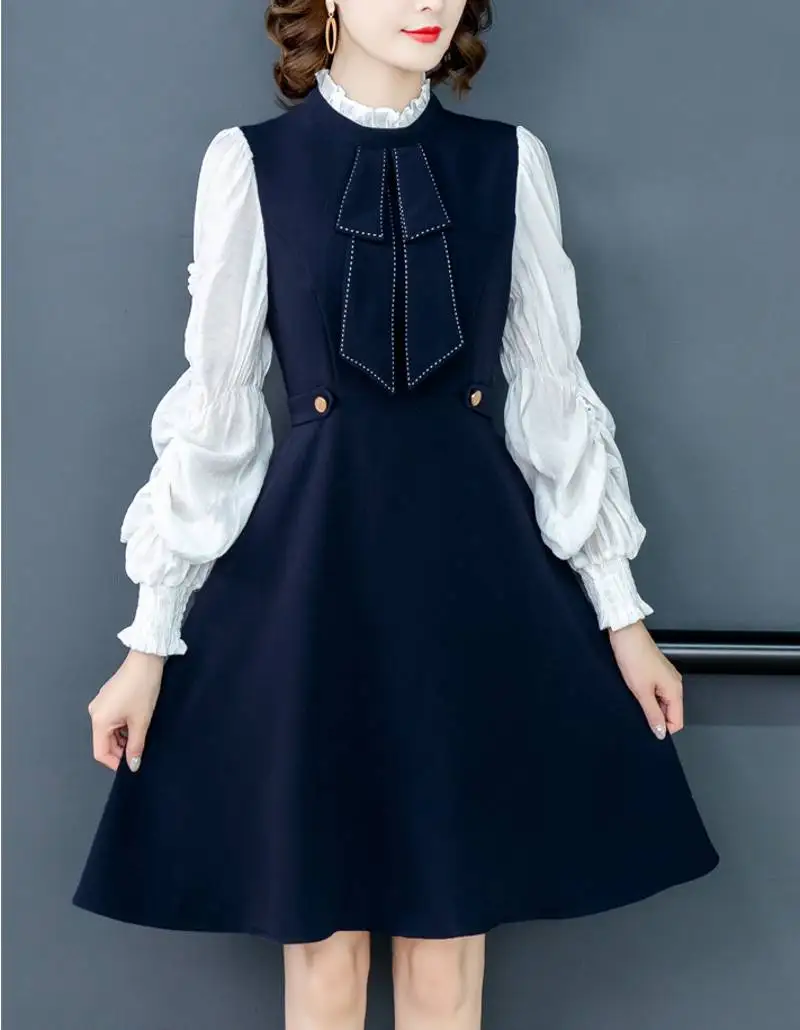 2020 Jar nové módne žena kórejská verzia prímestských stojan golier svietidla rukávy temperament šaty