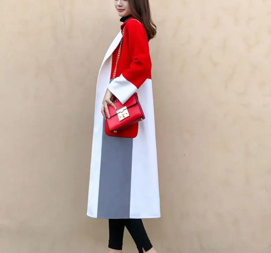 2020 Jar ženy kabát kontrast farieb klopy dlhé vlny kabát ženy vysokej kvality zmes long-sleeve sako teplé outwear streetwear