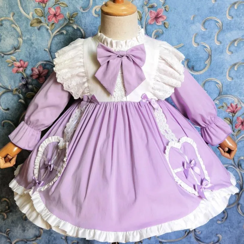 2020 jeseň baby girl vintage španielsky lolita princezná šaty deti fialová luk plesové šaty, šaty