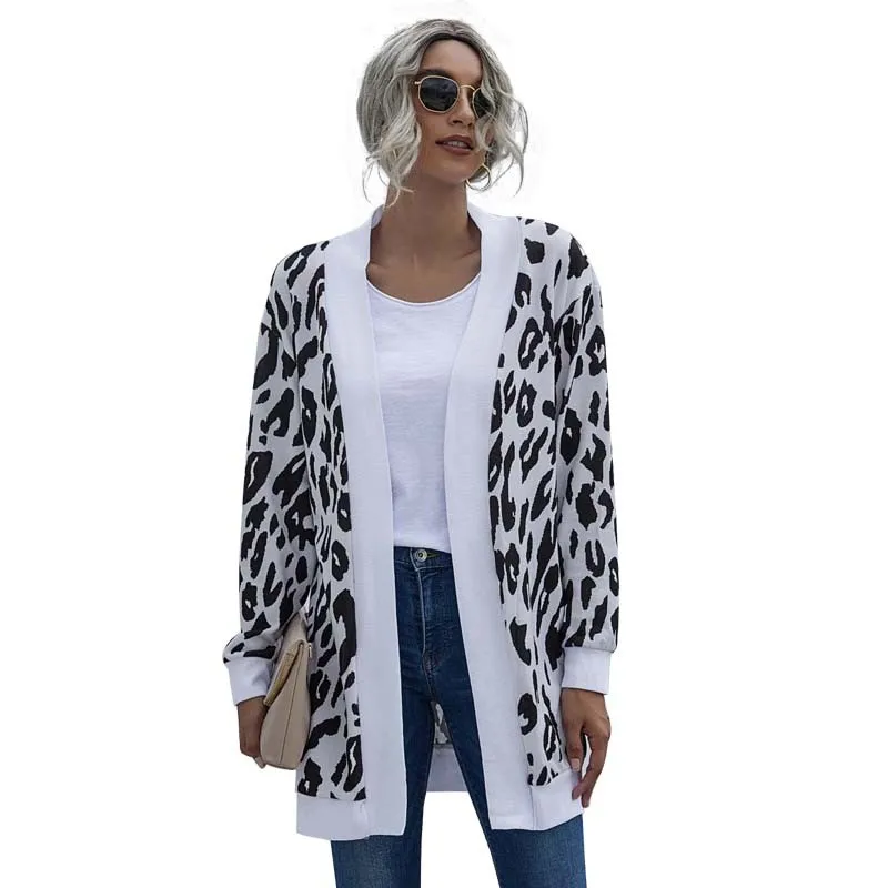 2020 Jeseň Zima Leopard Tenké Pletený Sveter Kabát Ženy Dlhý Rukáv Plus Veľkosť Módne Vintage Vesty Žena Dlho Cardigan