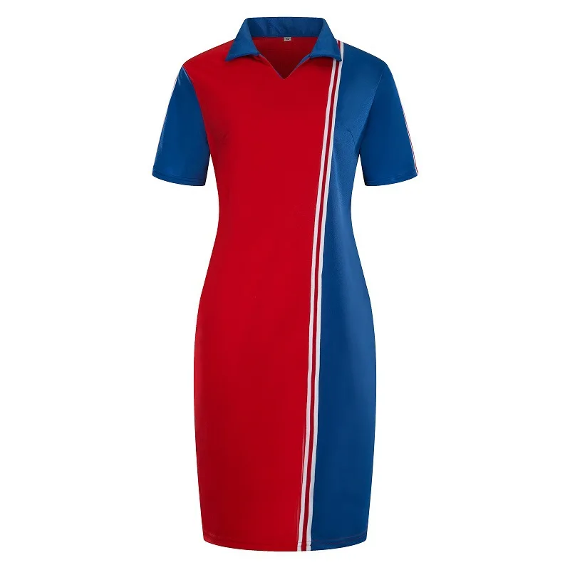 2020 Koleno Dĺžke Plus Veľkosti 6XL Polo Šaty T Shirt Ladies Ženy Lete Krátky Rukáv Červená Modrá Patchwork Bežné Nadrozmerné Vestidos