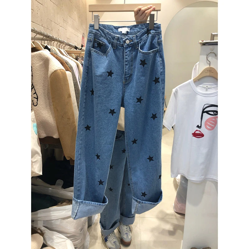 2020 kórejský modré džínsy módne Päť-špicaté hviezdy vytlačené rovné džínsy ženy vysoký pás voľné džínsové nohavice truosers KZ756