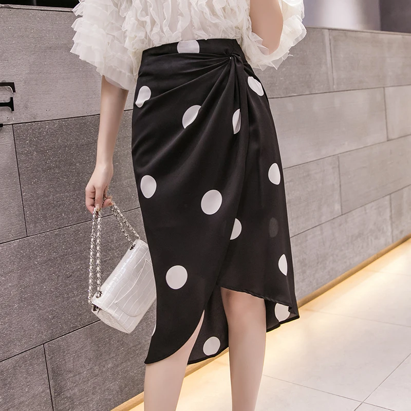2020 letné čierne a biele polka dot nepravidelný sukne s vysokým pásom tenké šifón dlhé sukne dámske kórejský elegantné štrbinou zábal sukne