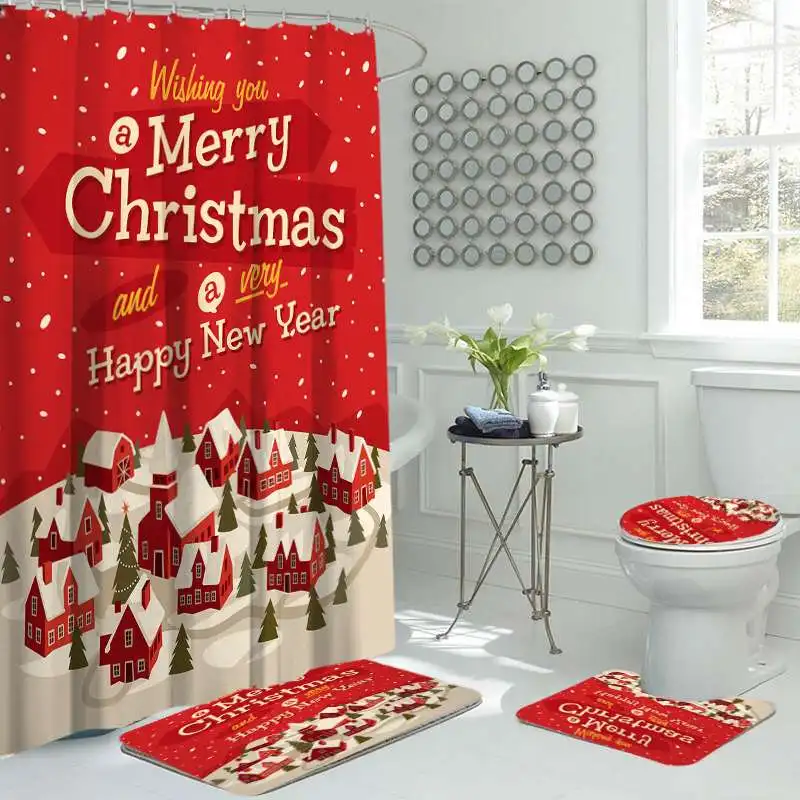 2020 Nové Veselé Vianoce Sprchový Záves Nastaviť Kúpeľňa Mat Nastaviť Nepremokavé Sprchový Záves Wc Kryt Non Slip Koberec Vianočný Dekor