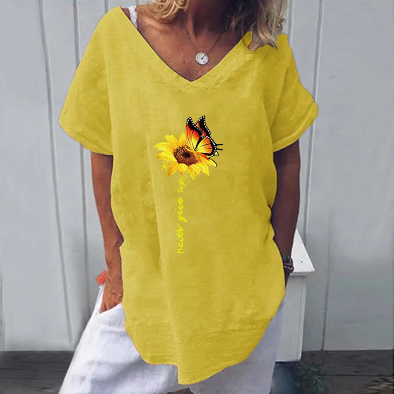 2020 Slnečnice Tlač Ženy Letné T-shirt Príležitostné Voľné Plus Veľkosť S-5XLBat Rukávy Tričko Fashion tvaru Ulici Ženský Čaj Topy