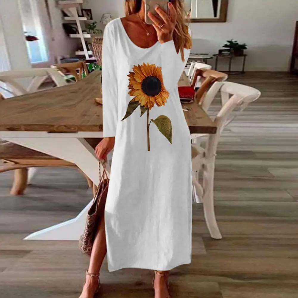 2020 Tričko Bežné Šaty s Dlhým Rukávom Ženy Slnečnice Tlač Midi Šaty Strane syntakticky rozdelené Plus Veľkosť S-5XL Voľné Boho Plážové Šaty Jeseň