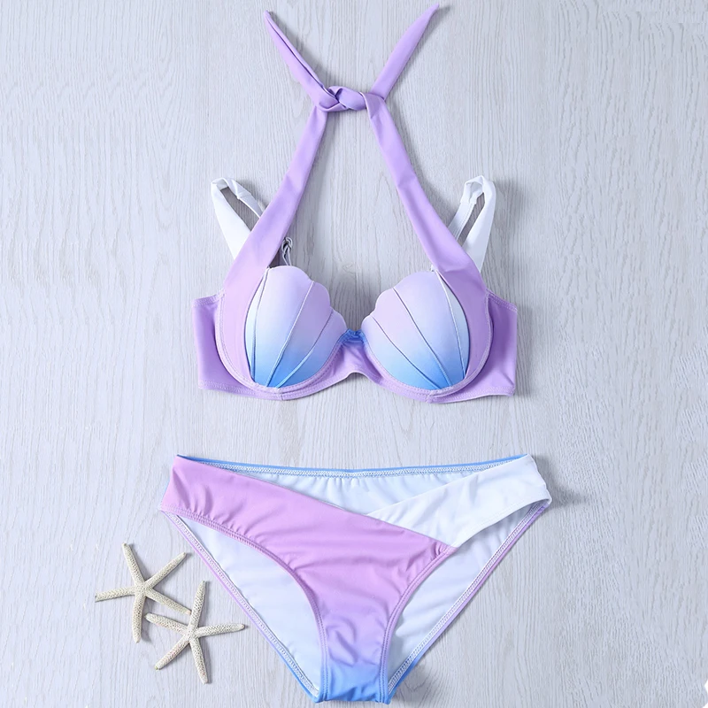 2020 ženy, plavky morská víla bikini set 4 farby gradient shell sexy plavky brazílsky trojuholník pláži plavky plážové oblečenie