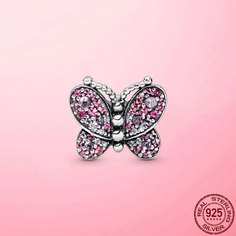 2021 Nové 925 Sterling Silver Zirkón Ružový Pripraviť Motýľ Kúzlo Korálky Fit Pôvodné Pandora Náramok Striebro 925 Šperky Robiť