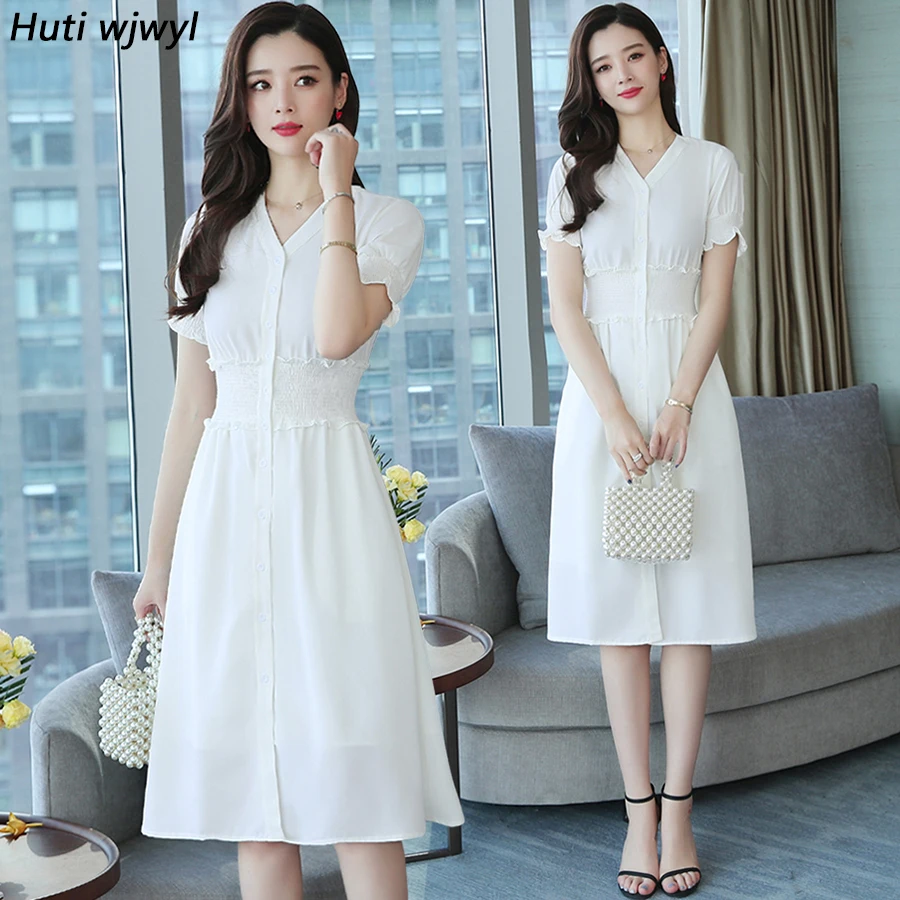 2021 Nové Plus Veľkosť Balíka Office Lady Pevné Midi Šaty Letné Kórejský Vintage White Boho Sundress Ženy Bodycon Strany Elegantné Vestidos
