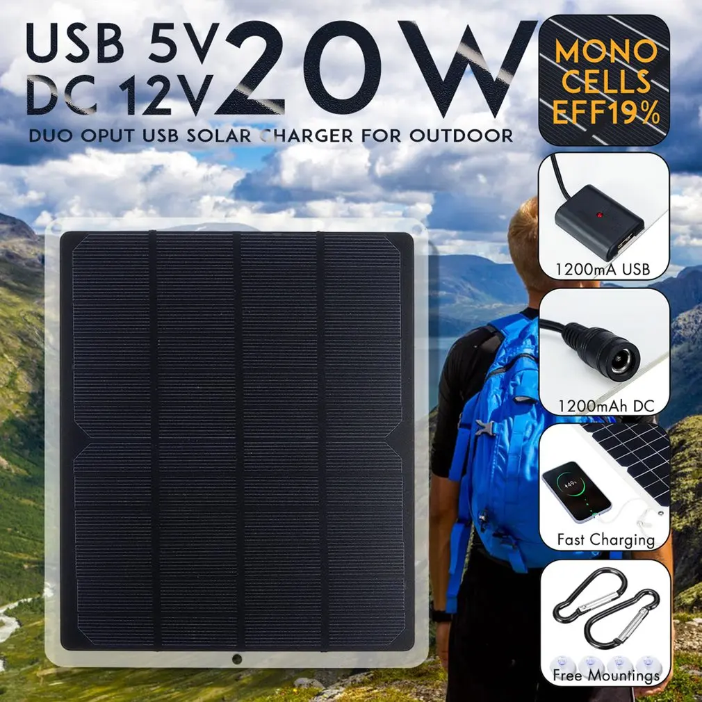 20W 12V Mono Solárny Panel USB Nabíjačky Batérií Napájanie Banka Pre Mobilný Telefón Camping Nabíjačku Ultra Tenká, Vysoká Účinnosť