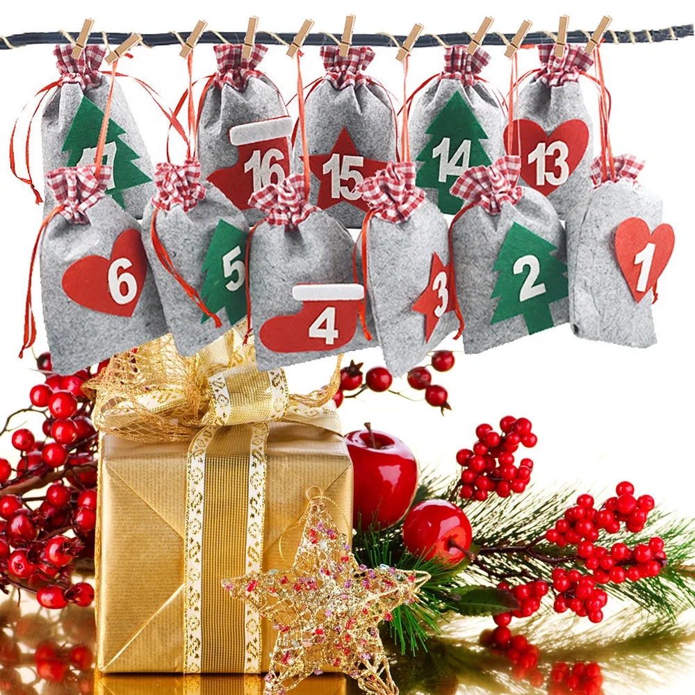 24PCS Visí Vianočné Tašky Kalendára Vianoce Candy Bag 2021 Vianočný Adventný Kalendár Časovač Taška Vianočné dodávky