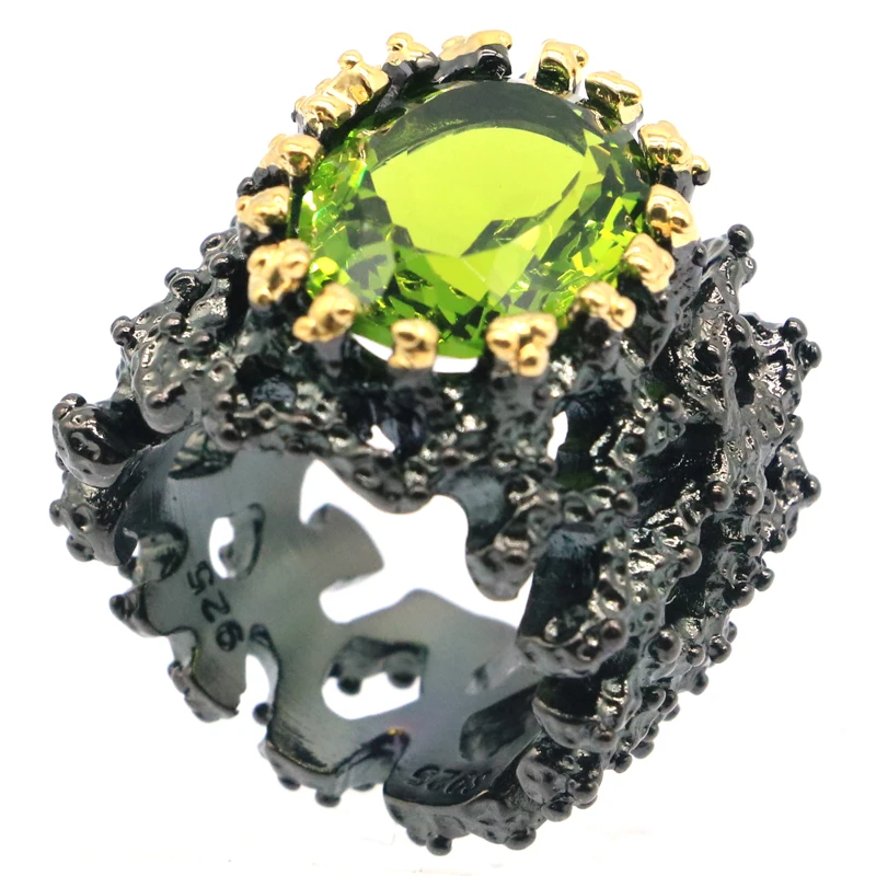 25x20mm Jedinečné Veľké Ťažké 18.5 g Krúžky Pre Človeka Ručne Vytvorené Zelené Peridot Cool Čierna Farba, Kov Gotický Ulici Šperky