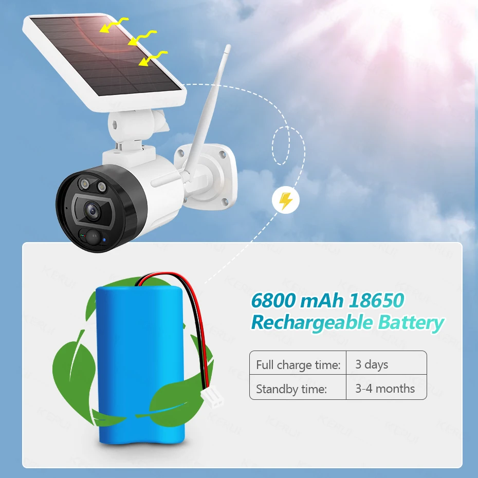 2MP Solar Wireless Batérie Fotoaparátu KERUI 1080P WIFI Vonkajšie Bezpečnostné IP Kamera, Alexa Cloud IP66 Nepremokavé CCTV
