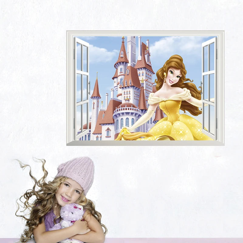 3d zamrznutý sneh biely princezná okno samolepky na stenu spálne domova cartoon popoluška belle aurora stenu nástenné art