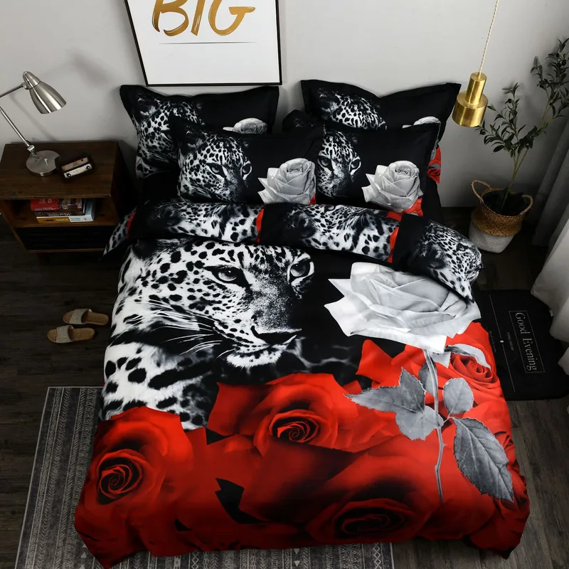 3ks Perinu Nastaviť 3D Leopard Rose Tlač Obliečky Nadrozmerná Deka Kryt Stručný posteľná bielizeň Dekor Zimné Pohodlné Lôžka Nastaviť