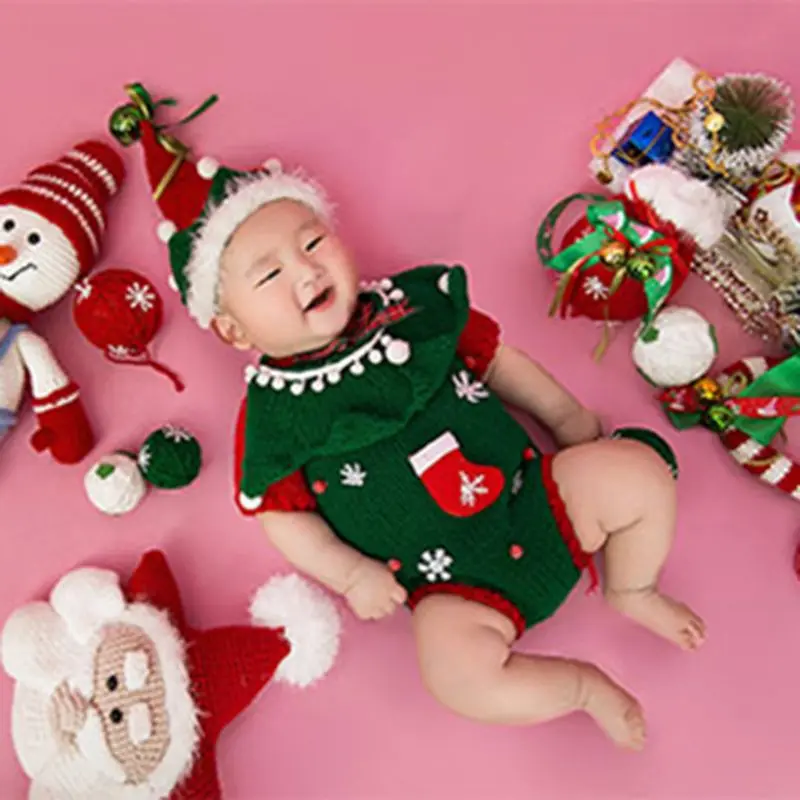 4 Ks/Set Novorodenca Pletené, Háčkované Oblečenie Vianočný Kostým, Baby, Klobúk+Ponožky+Elk Bábiku+Romper Jumpsuit Fotografie Rekvizity