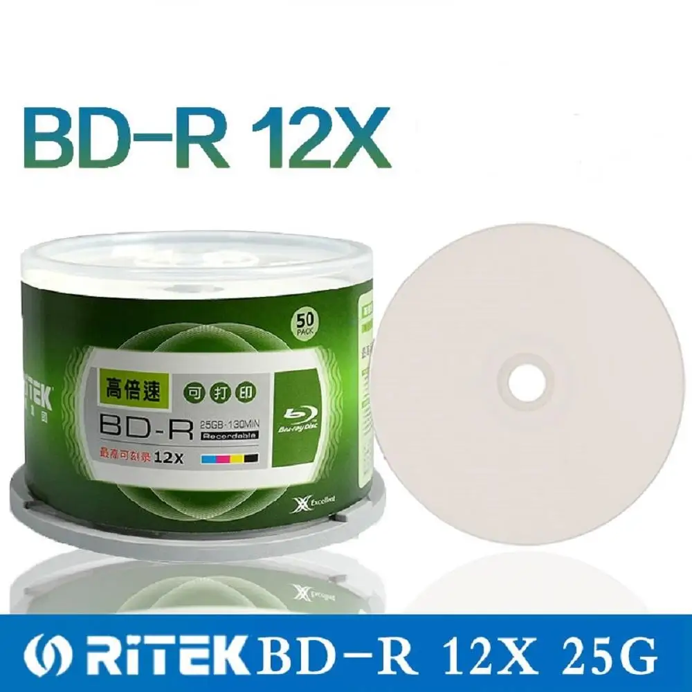 50 Kusov Ritek 25GB BD-R 2-12X Rýchlosti A+ Trieda Tlač Blu ray Prázdne BDR Disk