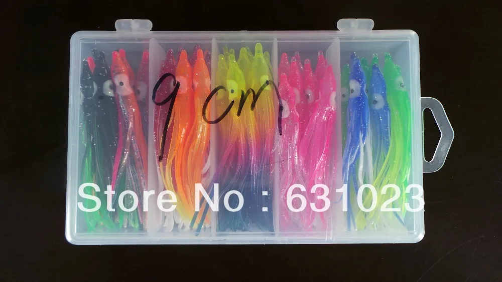 50pcs rybárske lure ,mäkká návnada ,squid prípravky,chobotnice, lure,9 cm, randome zmiešané farby,zabalené s priehľadný plastový box
