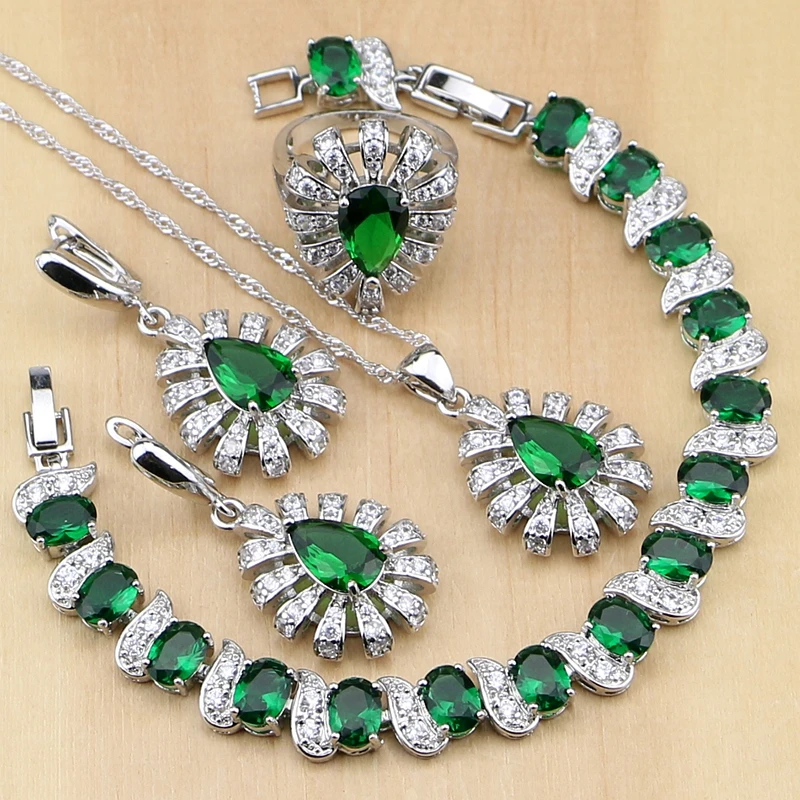 925 Silver Šperky Zelenými Zirkónmi White Crystal Šperky Sady Pre Ženy Náušnice/Prívesok/Náhrdelník/Krúžky/Náramok