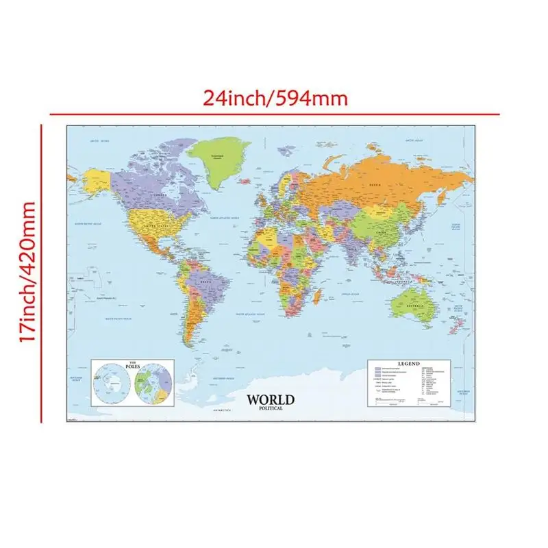 A2 Veľkosť Svet Politická Mapa Vinyl Sprej, Maliarske Plátna Nepremokavé bez rámu nástenná Mapa pre Domova Kancelárske Školské potreby