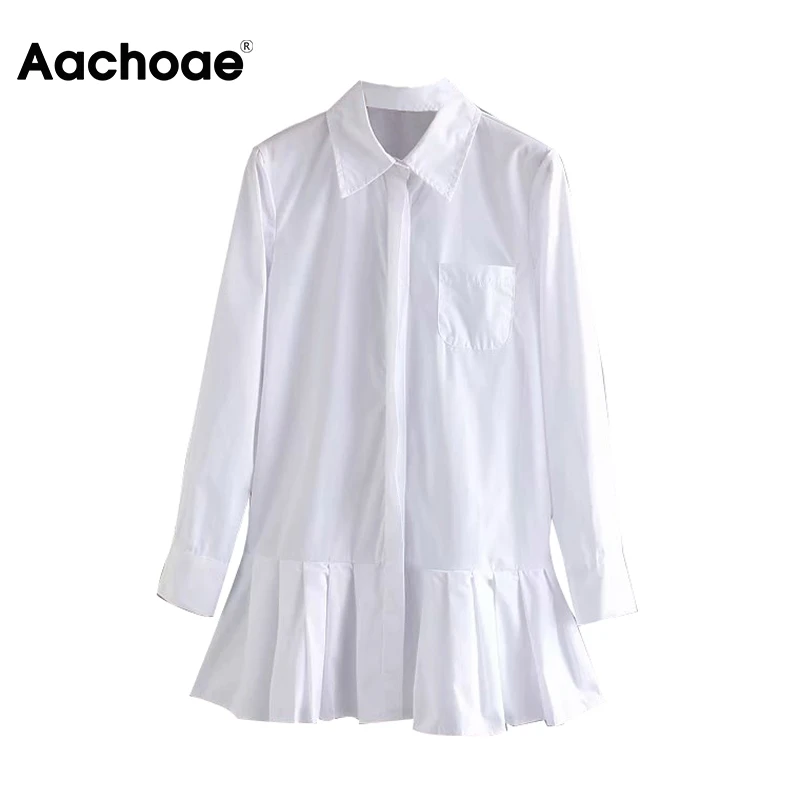 Aachoae Ženy Biela Skladaný Tričko Mini Šaty s Dlhým Rukávom Zase Dole Golier Office Šaty Pevné Bežné A-line Šaty Vestidos