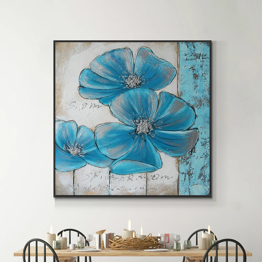 Abstrakt Hrubé Akrylové Maľby Modré Kvety, Olejomaľba Na Plátne, Ručne Pianted Maľovanie Na Obývacia Izba Domáce Dekorácie