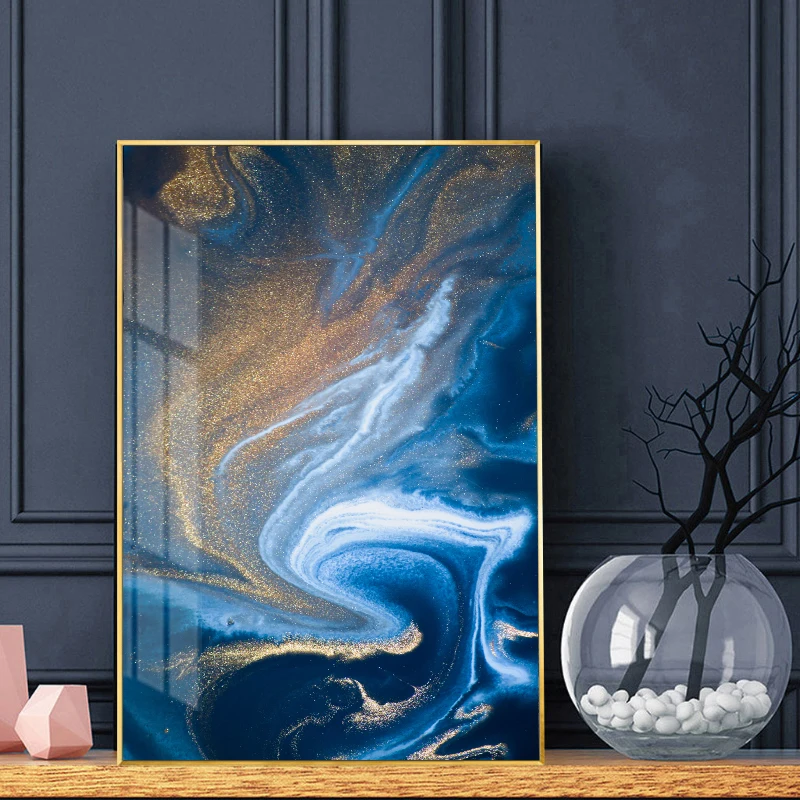 Abstrakt Plagát Zlatá Modrá Vlna, Plátno, Maľovanie Nordic Štýl Vytlačí Wall Art Obrázky pre Obývacia Izba Moderné Domáce Dekorácie