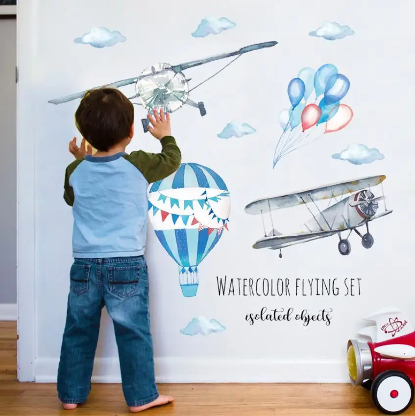 Akvarel lietadlo teplovzdušný balón Stenu, Nálepky deti, detské izby domáce dekorácie PVC nástenná maľba Obtlačky škôlky nálepky tapety