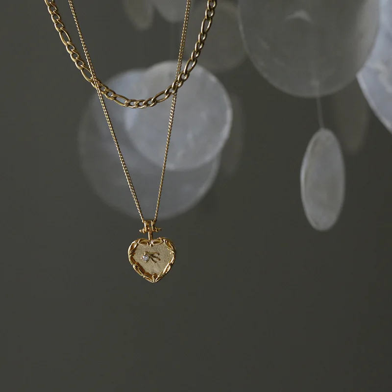 Amaiyllis 14K Zlata Vintage Clavicle Náhrdelník Vyrezávané Lastovička Lásky, Broskyňa Srdce Dvojité Vrstvený Pendnats Náhrdelník Šperky
