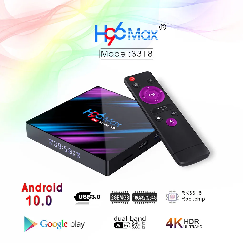 Android TV Box Android 10.0 H96 Max Rockchip RK3318 4K, Smart TV Box 2.4 G&5G Wifi H96Max 4 GB 64 GB Media Player Set-Top Box, Nový