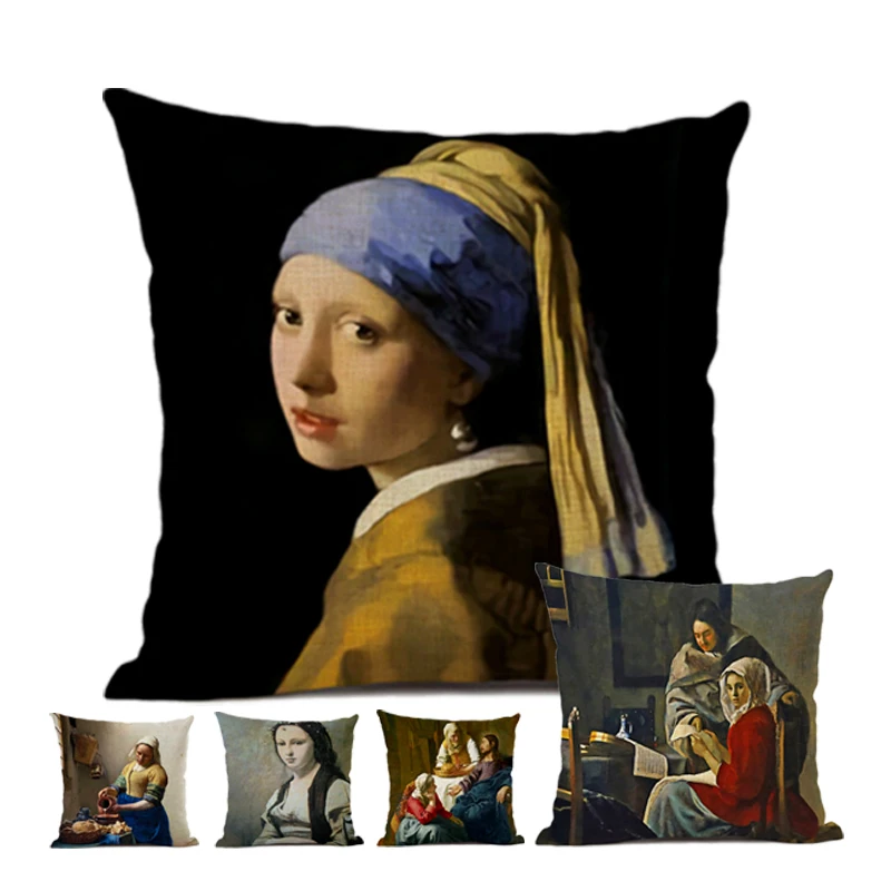 Art Decoration Vankúš 45*45 cm kaviareň Hotel Office Bielizeň Vankúš Johannes Vermeer Umenie olejomaľba Pearl Dievča