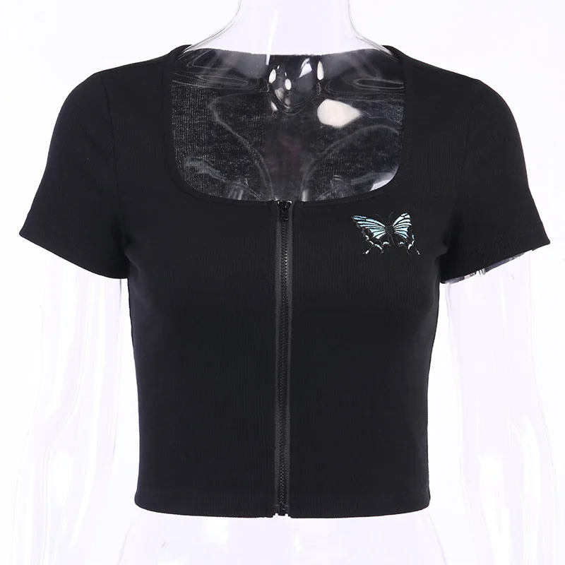 ArtSu Motýľ Black Plodín Top Sexy Námestie Krku Predný Zips Krátke Sleeve Tee Tričko 2020 Lete Ženy Streetwear ASTS21570
