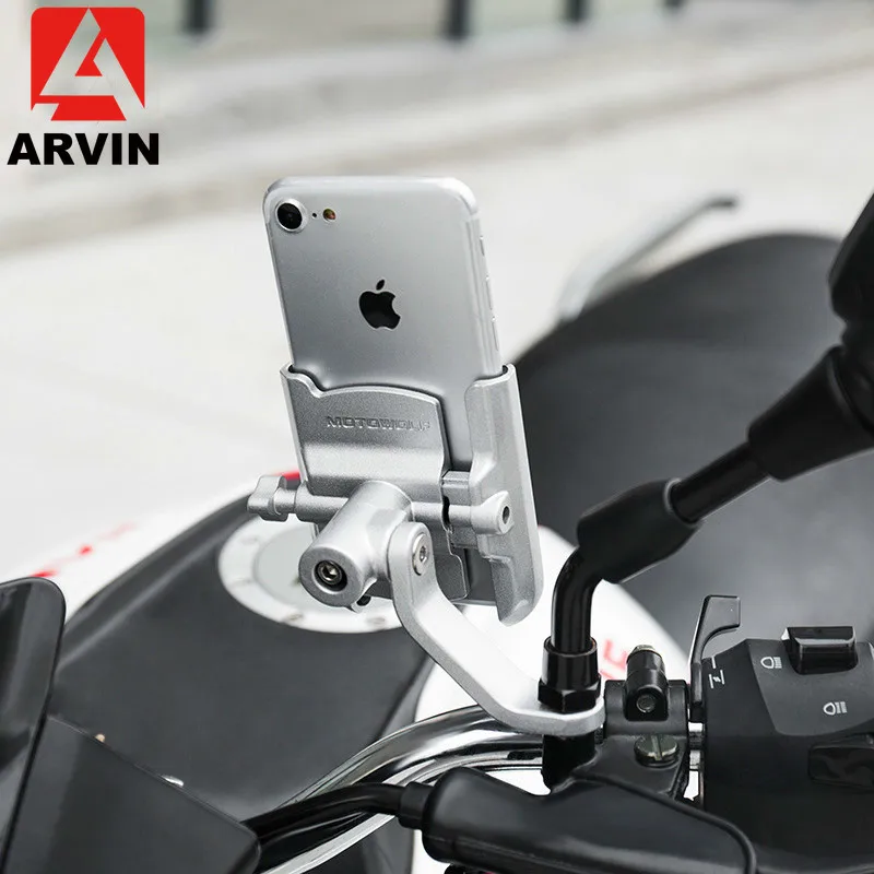ARVIN Hliníkové Motocykel Plnenie Riadidlá Mobilný Telefón Držiak Pre iPhone X Univerzálny Spätné Zrkadlo USB Nabíjací Stojan Mount
