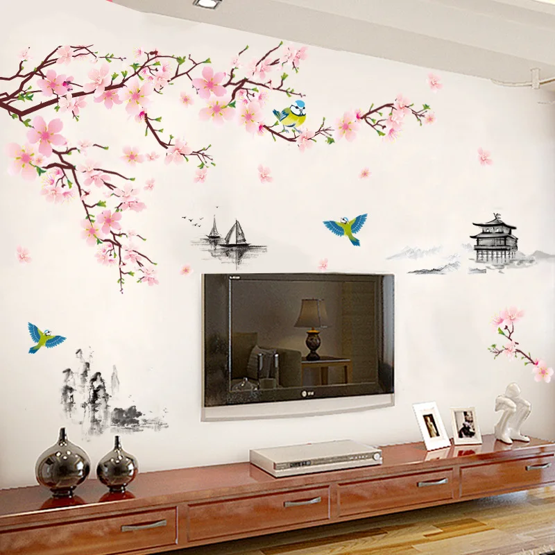 Atrament maľovanie peach blossom krajiny stenu, nálepky Čínsky štýl, tapety obývacia izba gauč pozadí výzdoba domov nálepky