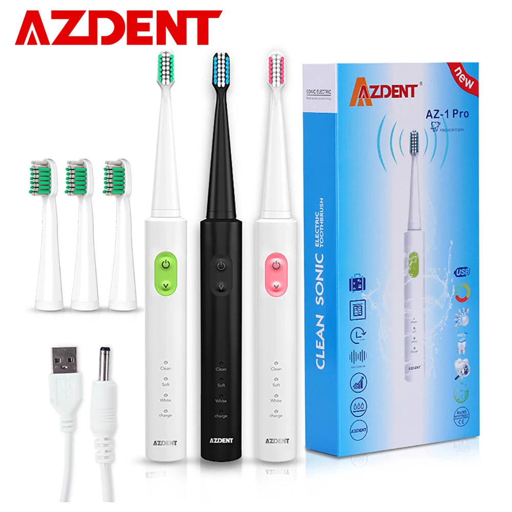 AZDENT Nové AZ-1 Pro Sonická Elektrická zubná Kefka Dobíjacie USB Nabíjanie 4 Ks Vymeniteľné Hlavy Časovač Zubov Zubná Kefka Nepremokavé