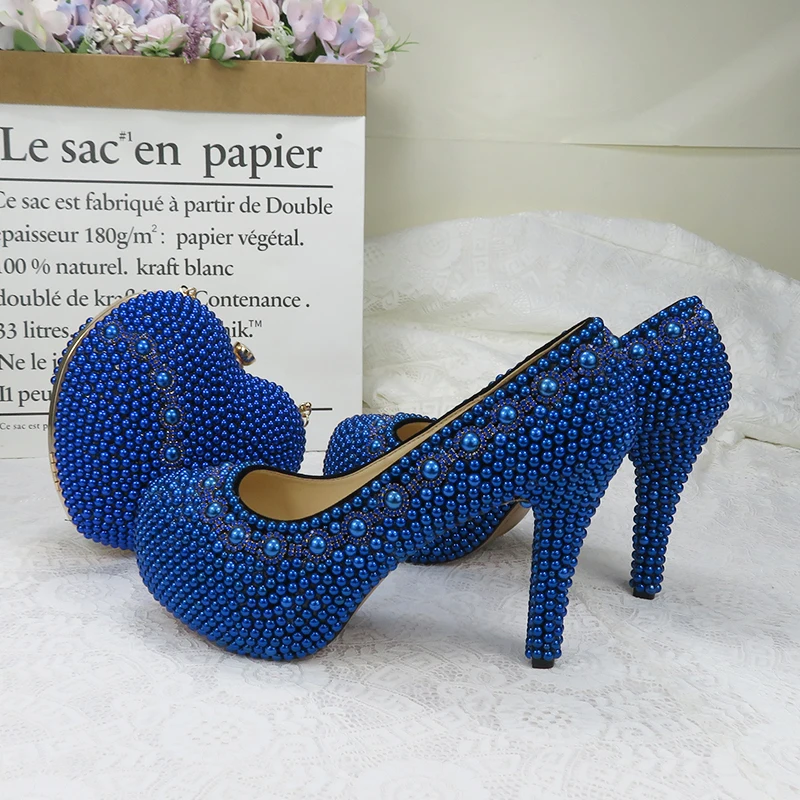 BaoYaFang 2020 nové Dorazí svadobné topánky s príslušnými tašky Vysoké Podpätky Srdce kabelku royal blue pearl strany topánky a tašky