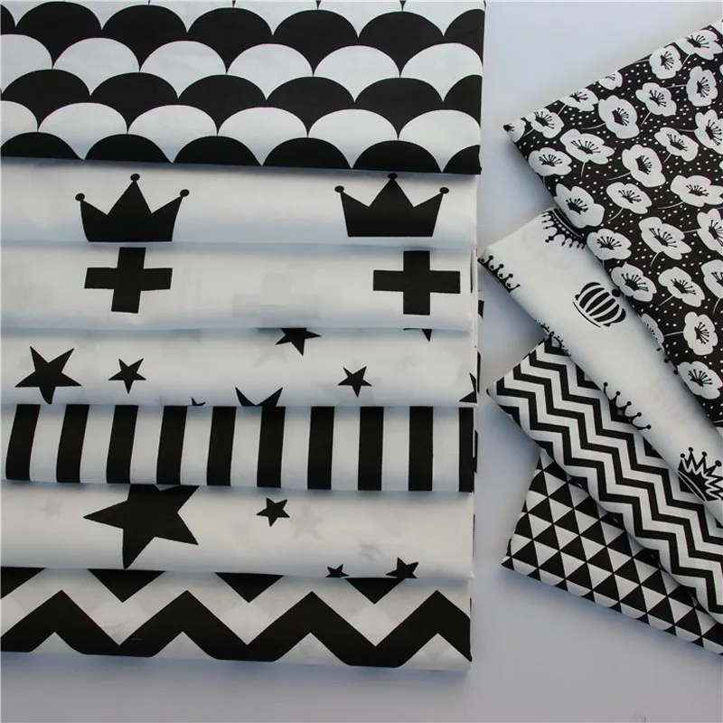 Bavlna twill handričkou nordic vietor čierna biela séria fan koruny kríž chevron hviezdy tkaniny pre deti, posteľná bielizeň handwork patchwork