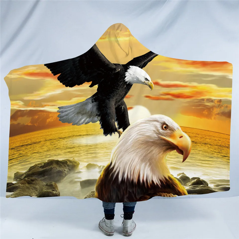 BeddingOutlet Eagle Zber Kapucňou Deka 3D Tlač Sherpa Fleece Nositeľné Deka Dospelých Dreamcatcher Hodiť Deka 150x200