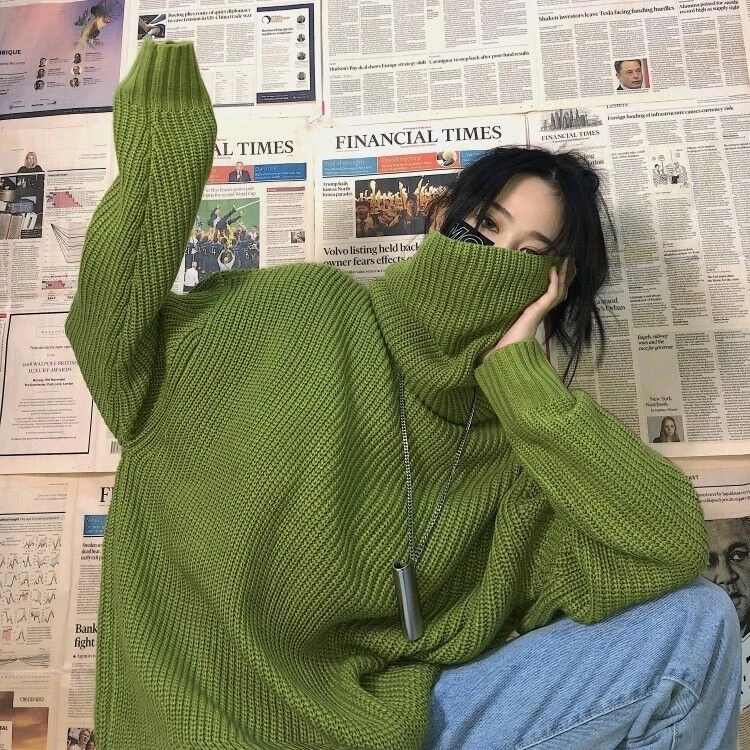 Bella filozofia zimné Harajuku ženy pevné turleneck bežné sveter žena voľné kórejský pletenie svetrov lady zelená pollover