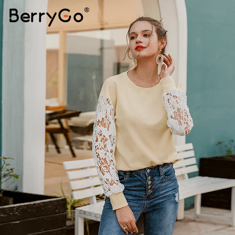BerryGo Bežné kolo krku ženy, blúzky, košele Sexy čipka dámy bavlna boluse Módne kvetinový vzor, duté z tričko s dlhým rukávom