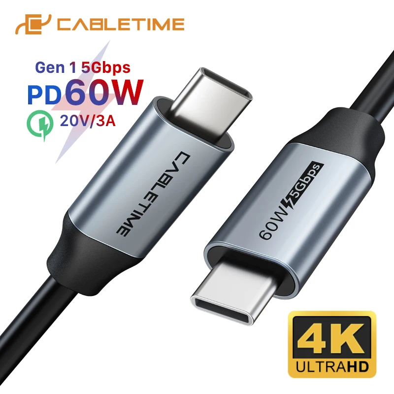 CABLETIME PD 60W, USB, C Kábel Typu C 4K Video USB 3.1 QC 3.0 Rýchle Nabitie 5Gbps pre Xiao 10 Macbook Air Samsung S20 C372