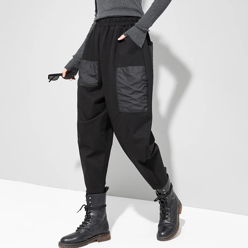 CHICEVER Hárem Nohavice Pre Ženy, Vysoký Pás Voľné Plus Veľkosť Patchwork Hit Farba Vrecká Streetwear Čierne Nohavice Žena 2020 Tide