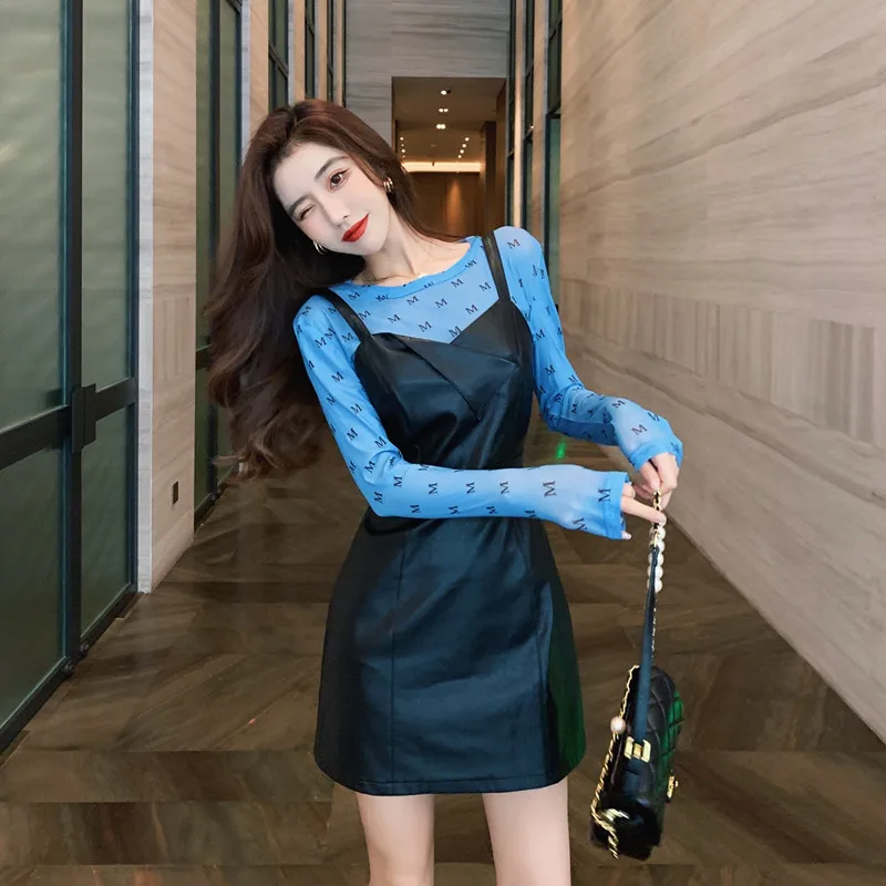 COIGARSAM Ženy jednodielne šaty kórejský Nové Špagety Popruh Šaty Bielej Blúzke Modré Kožené 8932