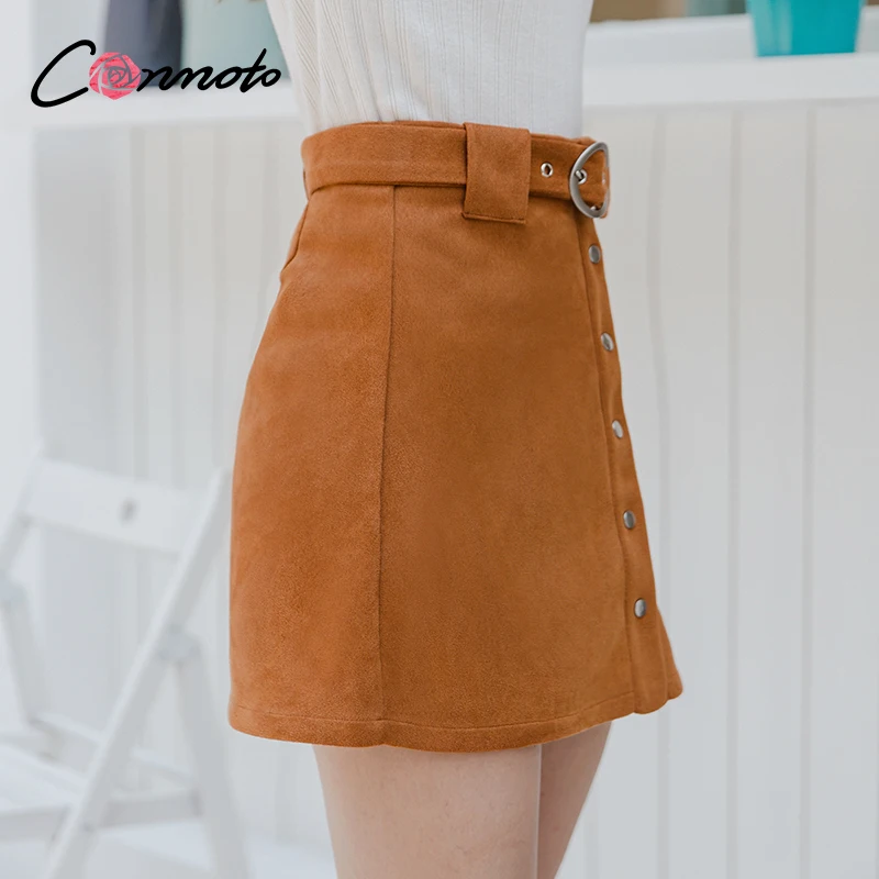 Conmoto Bežné pevné semiš ženy sukne A-línia pásu kovové pracky, mini sukne, Elegantné jeseň zima mäkké, krátke sukne dámske 2020