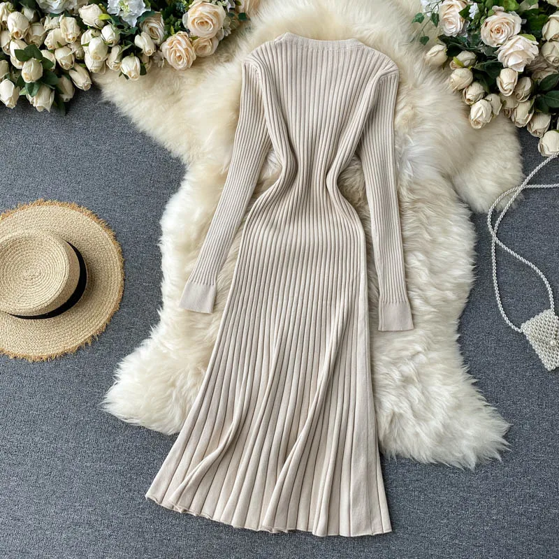 Croysier Šaty Pre Ženy 2020 Dlhý Rukáv Pletený Rebrovaný Zimné Šaty Šnúrkou Elegantné Midi Šaty Bežné Teplý Sveter Šaty