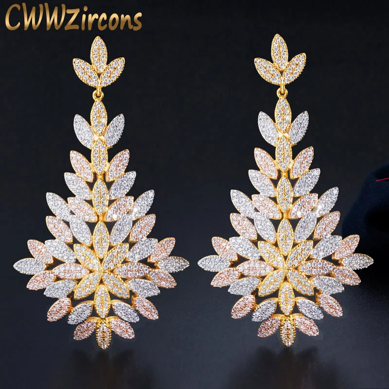 CWWZircons 80mm Luxusné, Exkluzívne CZ Leaf Drop Veľký Vyhlásenie Dlhé Svadobné Náušnice 3 Tón Gold Dubai Afriky Nevesty Šperky CZ676