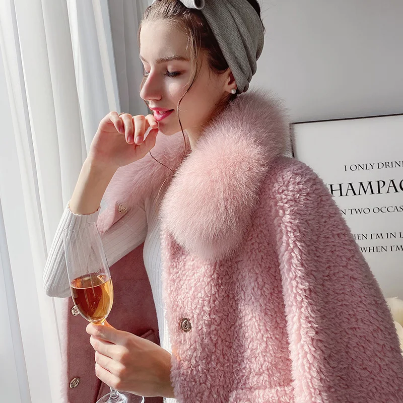 Dabuwawa Elegantné Ružové Shaggy Ženy Kožušinový Kabát Zime Teplé Oblečenie Fox Golier Kabáta Ženy Kabát Strany DN1DFR019