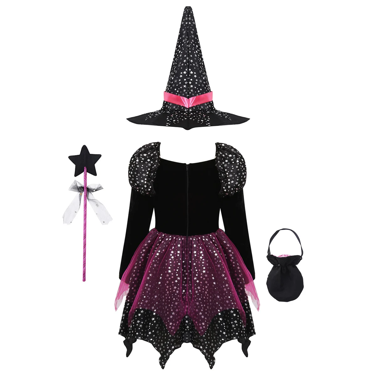 Deti, Dievčatá Halloween Čarodejnice Strašidelné Kostýmy Oblečenie Nastaviť Dlhý Rukáv Iskrivý Hviezdy Vytlačené Šaty s Špicatý Klobúk Prútik Candy Bag