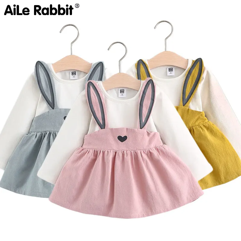 Dieťa dievča, detské oblečenie šaty cartoon králičie uši králik falošné popruh šaty jeseň dlhý rukáv Pre dievčenské kostýmy oblečenie
