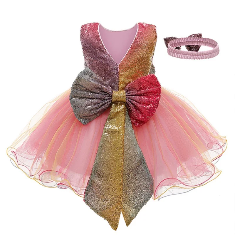 Dieťa dievča narodeninovej party večera šaty 2021 Vianočné dievča baby bow Sequin Jednorožec tlač oka šaty vestidos de fiesta
